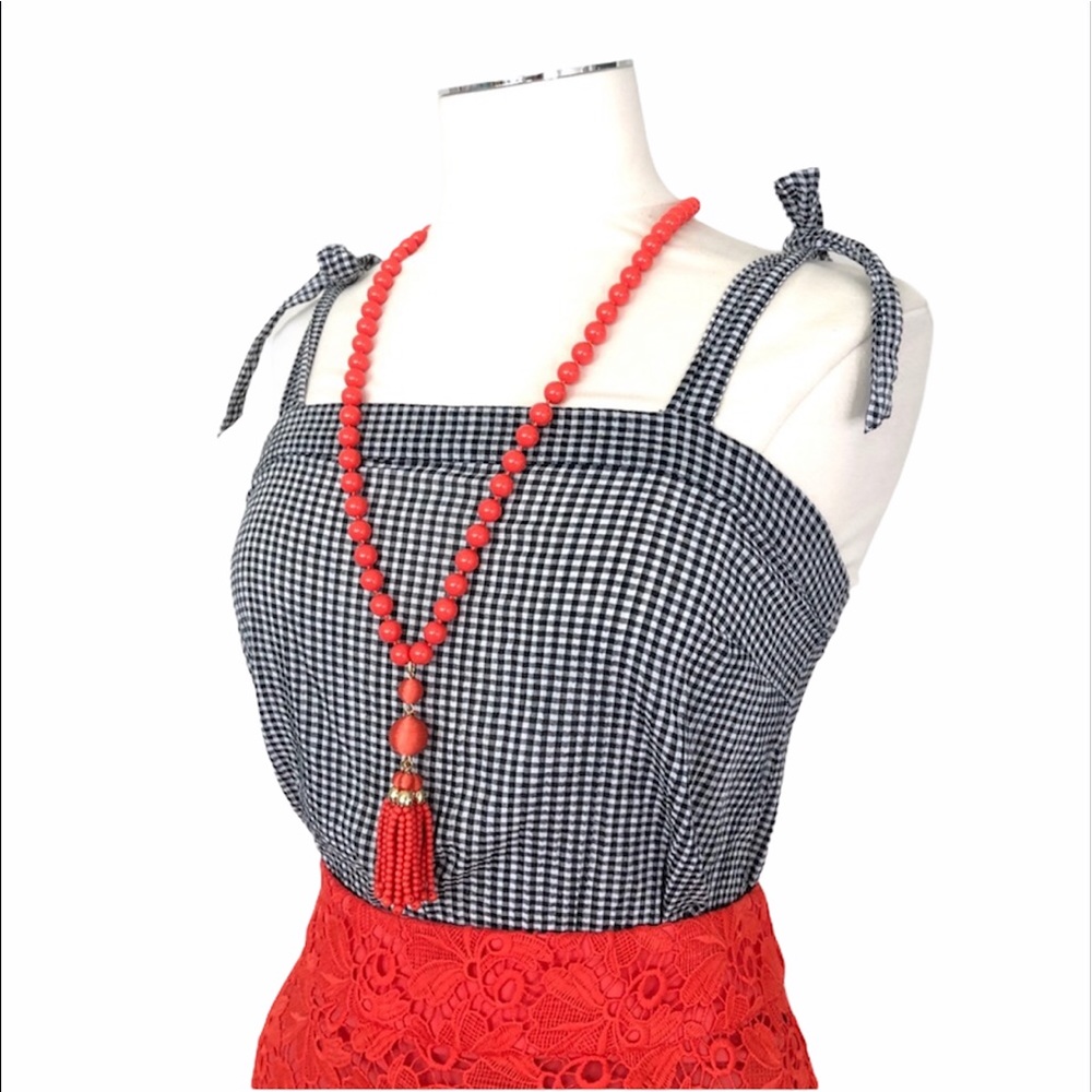 New J. CREW FACTORY Gingham Bow Tie Straps Cotton Top Black White Sz XS